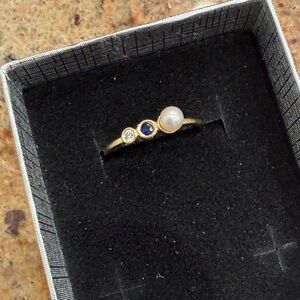 Delicate Pearl, Sapphire & moisannite 14k Gold Ring - size 7